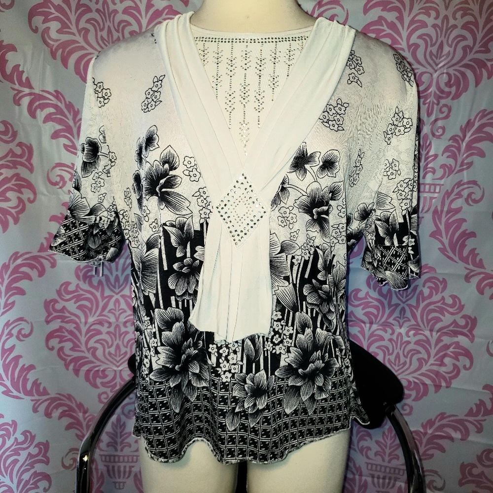 C.O.C White & Black  rhinestone blouse
